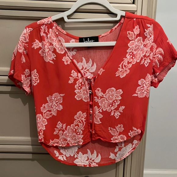 Short sleeve dark orange and floral crop top - Picture 1 of 2